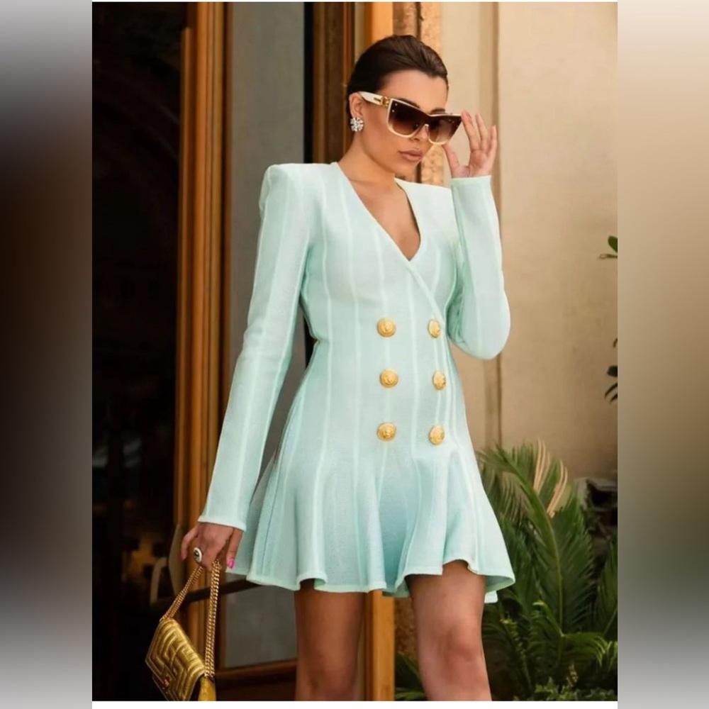 HIGH END - Gold Button Mint Mini Dress